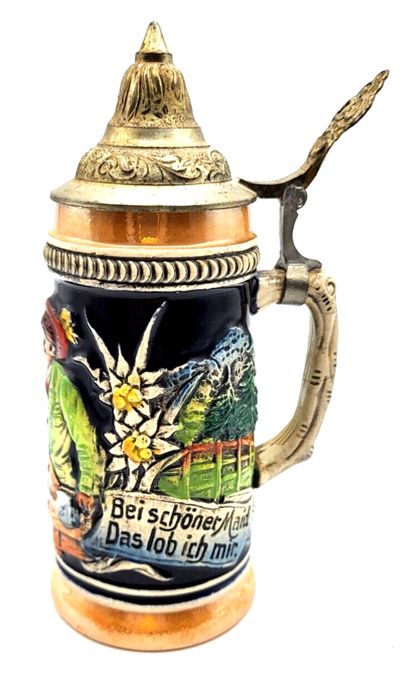 Vintage German Beer Stein DBGM Barrel Shaped 8" Tall Brass Lid Stamped